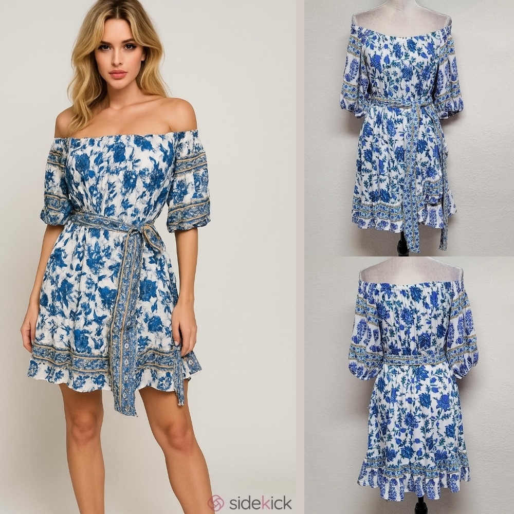 Nicole Miller Artelier Blue Floral Off-Shoulder Tie-Waist Ruffle Mini Dress XS